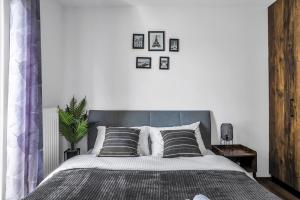 a bedroom with a large bed with black and white pillows at Konstancin-Jeziorna Modern Apartment in Konstancin-Jeziorna