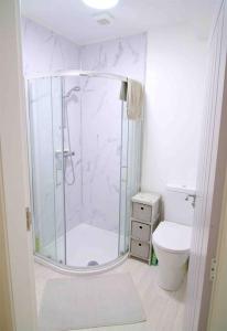 a white bathroom with a shower and a toilet at Newly refurbished flat, 1 min from Galgorm resort in Cullybackey