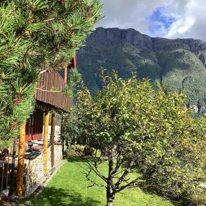 une maison avec un arbre et des montagnes en arrière-plan dans l'établissement Espes residens, à Jordal