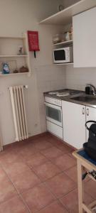 a kitchen with a stove and a microwave at Bellevue- Bellavista in Castagnola