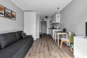 a living room with a gray couch and a kitchen at Warsaw City Center Studio - Park, Subway Nearby - by Rentujemy in Warsaw