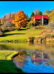 una casa con techo rojo junto a un estanque en Ischua Ridge Ellicottville Private Resort. Ski, Explore, Rest! en West Valley
