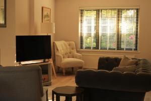 uma sala de estar com um sofá e uma cadeira e uma televisão em Beautiful Cottage in the Heart of Stow on the Wold em Stow on the Wold