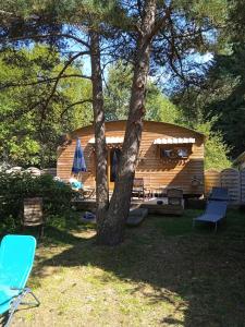 a log cabin with chairs and a tree at Chalet grenouille Domaine de la Mamounette in Champclause