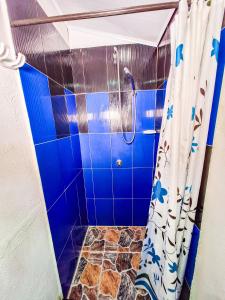 uma casa de banho com azulejos azuis e um chuveiro com uma cortina de chuveiro. em Posada Hostel Adri em Providencia