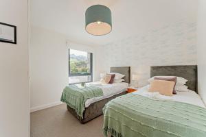 Un dormitorio con dos camas y una ventana. en 2 Bed Ground Floor Apartment - 11 Plas, en Pistyll