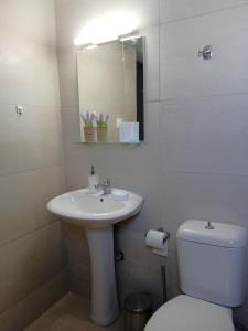 a bathroom with a sink and a toilet and a mirror at Minas House in Alikianós