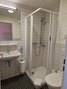 a bathroom with a shower and a sink and a toilet at Kloster Drübeck in Drübeck