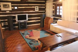 a living room with a couch and a tv at Quiet and charming log farmhouse in Libošovice