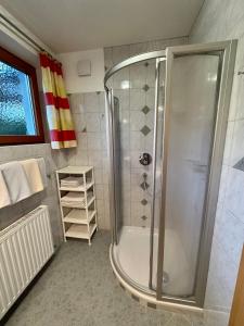 a bathroom with a shower with a glass shower stall at Haus Saxer in Mieders
