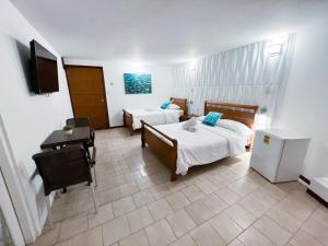 サン・アンドレスにあるApartamentos Turisticos In Di Morgan's Canonのベッド2台とテレビが備わるホテルルームです。