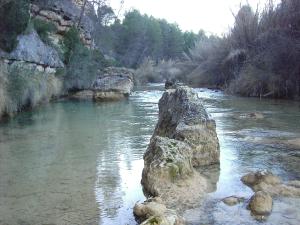 a river with a large rock in the water at Hostal Artiga in Alborea