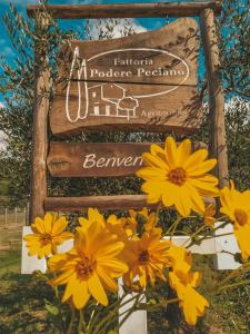 un cartel con flores amarillas delante en Agriturismo Fattoria Podere Peciano, en Cortona