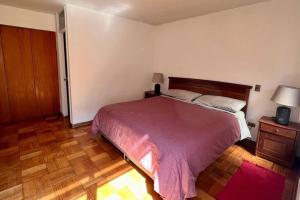 um quarto com uma cama grande e piso em madeira em Casa Oasis en Providencia em Santiago