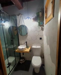 a bathroom with a toilet and a sink and a shower at APARTAMENTO LA PONDEROSA in Cuenca +11 photos