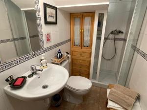 a bathroom with a sink and a toilet and a shower at Casa Rural Galain Ultzama-Navarra in Lizaso +30 photos