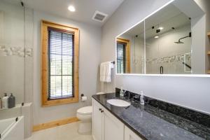 a bathroom with a sink and a toilet and a mirror at Grill and Water Views Chinquapin Resort Home in Glenville +23 photos