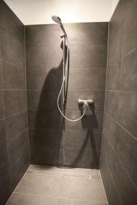 a shadow of a shower head in a bathroom at Ganzes Apartment -London- in Erftstadt - 3 Zimmer & 63qm - nahe Köln, Messe, Phantasialand & Bonn - Familienurlaub oder Business Trip in Erftstadt