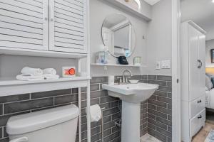 a bathroom with a toilet and a sink and a mirror at Downtown Dunedin Gem, Fully Renovated #3 in Dunedin +37 photos