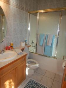 La salle de bains est pourvue de toilettes, d'un lavabo et d'une douche. dans l'établissement Rocky Mountain View Bed & Breakfast, à Cochrane