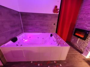 アヴィニョンにあるLove & Spaの紫色のバスルーム(バスタブ、暖炉付)