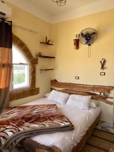 a bedroom with a bed and a window and a fan at People to People Hostel Siwa in Siwa