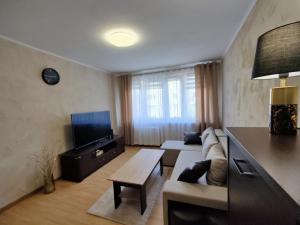 a living room with a couch and a tv at Dwupokojowe mieszkanie Nowy Dwór Mazowiecki in Nowy Dwór Mazowiecki
