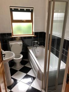a bathroom with a toilet and a tub and a sink at 2 Ballyloskey Road in Carndonagh