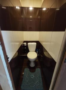uma pequena casa de banho com um WC e um tapete verde em 1 Bedroom Cosy Apartment near Botanical Garden em Yerevan