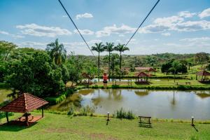 een park met een meer en een schommel bij Hotel Fazenda Salto Grande in Araraquara