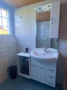 Baño blanco con lavabo y espejo en Ferienwohnung in Stein AR, en Stein