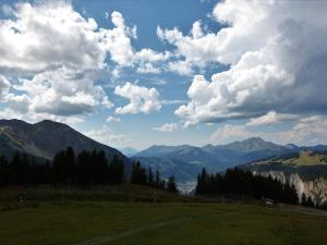 a green field with mountains and clouds in the sky at Charmant studio cabine avec WiFi à Avoriaz - FR-1-314-159 in Morzine +5 photos