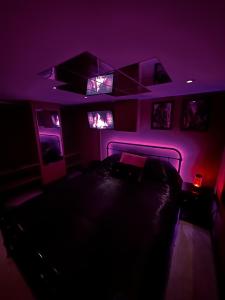 Schlafzimmer mit einem Bett mit violetter Beleuchtung und einem TV in der Unterkunft The Indulging Basement in Barnsley
