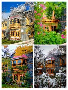 four different pictures of a building with flowers and trees at Lavender Cottage and Guest House in Skardu