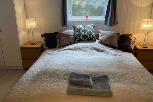 Ένα ή περισσότερα κρεβάτια σε δωμάτιο στο Sjarmerende leilighet i Villa Gellert