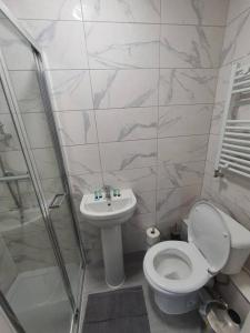 een witte badkamer met een toilet en een wastafel bij Perfect for family getaways in West Thurrock
