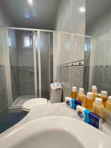 een badkamer met een wastafel, een toilet en een spiegel bij Amplio apartamento de obra nueva con A/C in Mataró