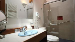 y baño con lavabo, aseo y ducha. en Hotel Casa de Familia de San Cristobal en San Cristóbal de Las Casas