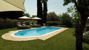 a swimming pool in a yard with chairs and an umbrella at Agriturismo Il Cantastorie in Montecatini Terme
