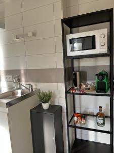 uma cozinha com um lavatório e um micro-ondas em Cosy Studio hyper centre avec kitchenette & Climatisation em Carpentras