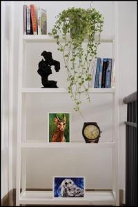 a white book shelf with pictures and a clock at Vilabasi Cổ Tháp in Trà Vinh