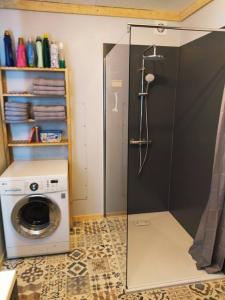 een badkamer met een wasmachine en een wasmachine bij Petit nid au coeur des pins ! in Matemale