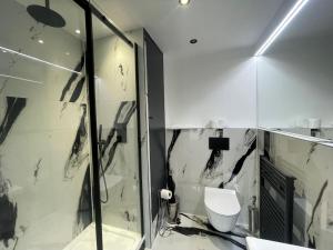 a bathroom with a glass shower and a toilet at Modern and Stylish Penthouse Apartment next to Maidenhead Golf Course in Maidenhead