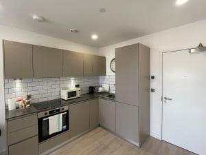 ブラックネルにあるBracknell Stunning 2 Bedroom and 2 Bathroom Apartmentのグレーのキャビネットと電子レンジ付きのキッチンが備わります。