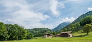 Deux cabanes dans un champ avec des montagnes en arrière-plan dans l'établissement Quader nidi nel verde, à Bienno