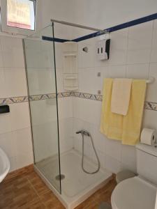 a shower with a glass door in a bathroom at Casa Carmen in Castillo del Romeral