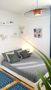 een slaapkamer met een bed met 2 kussens erop bij Le Chat Bleu - 26m2- Terrasse sur les toits - Wi-fi in Amiens