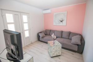 a living room with a couch and a tv at APARTMAN KSENIJA KOVAČIĆ in Stanići