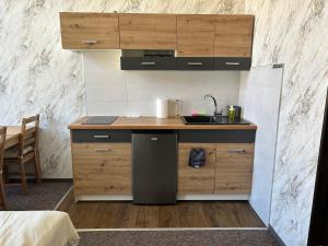 una piccola cucina con armadi in legno e lavandino di Studio Kraszewskiego 5 a Rzeszów