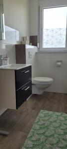 łazienka z toaletą, umywalką i oknem w obiekcie Ferienwohnung Stoisser w mieście Mureck